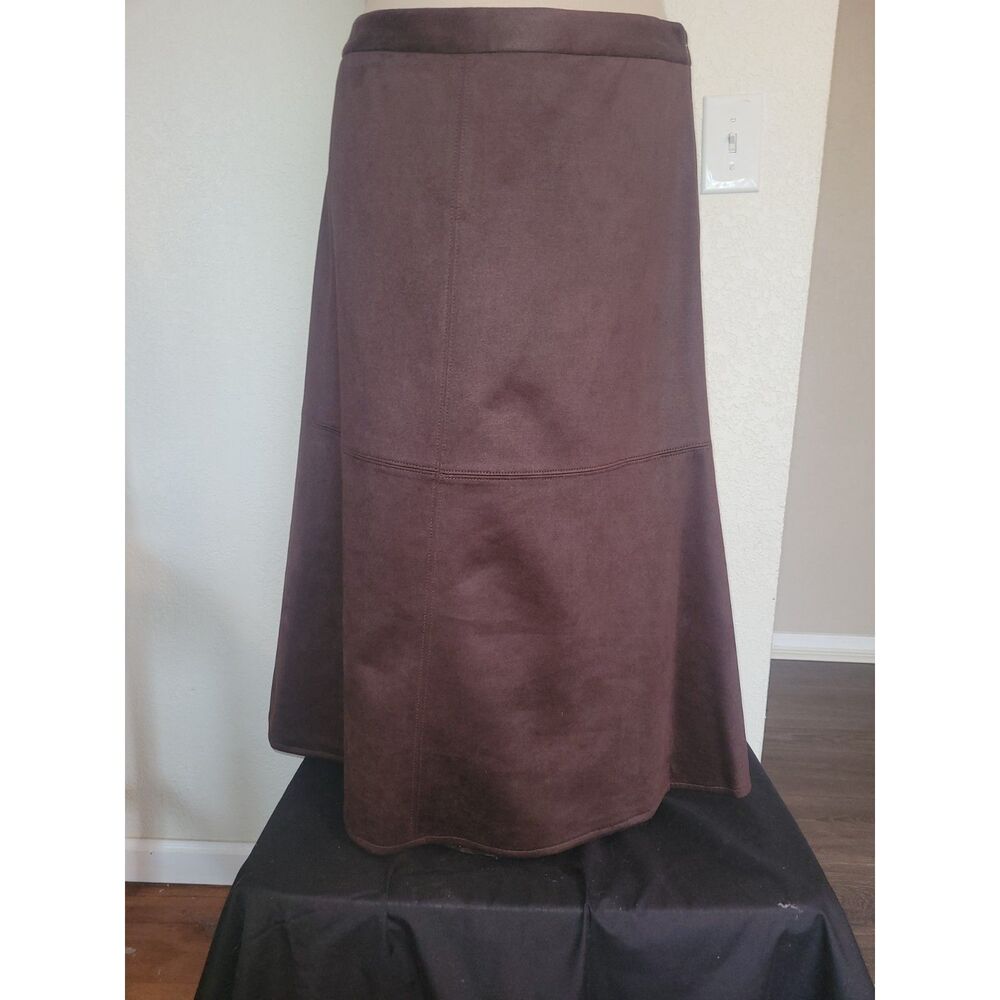 NWT Preston & York Brown Faux Suede Midi Skirt Size 14 A-Line Flare Hem Solid